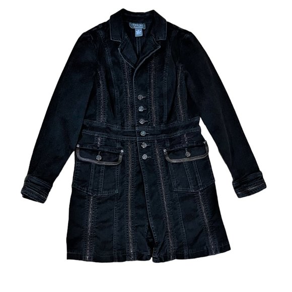 Motto 98% Cotton Button Front Long Jacket/Blazer Black Denim Brown Trim, Sz XS - Picture 9 of 9